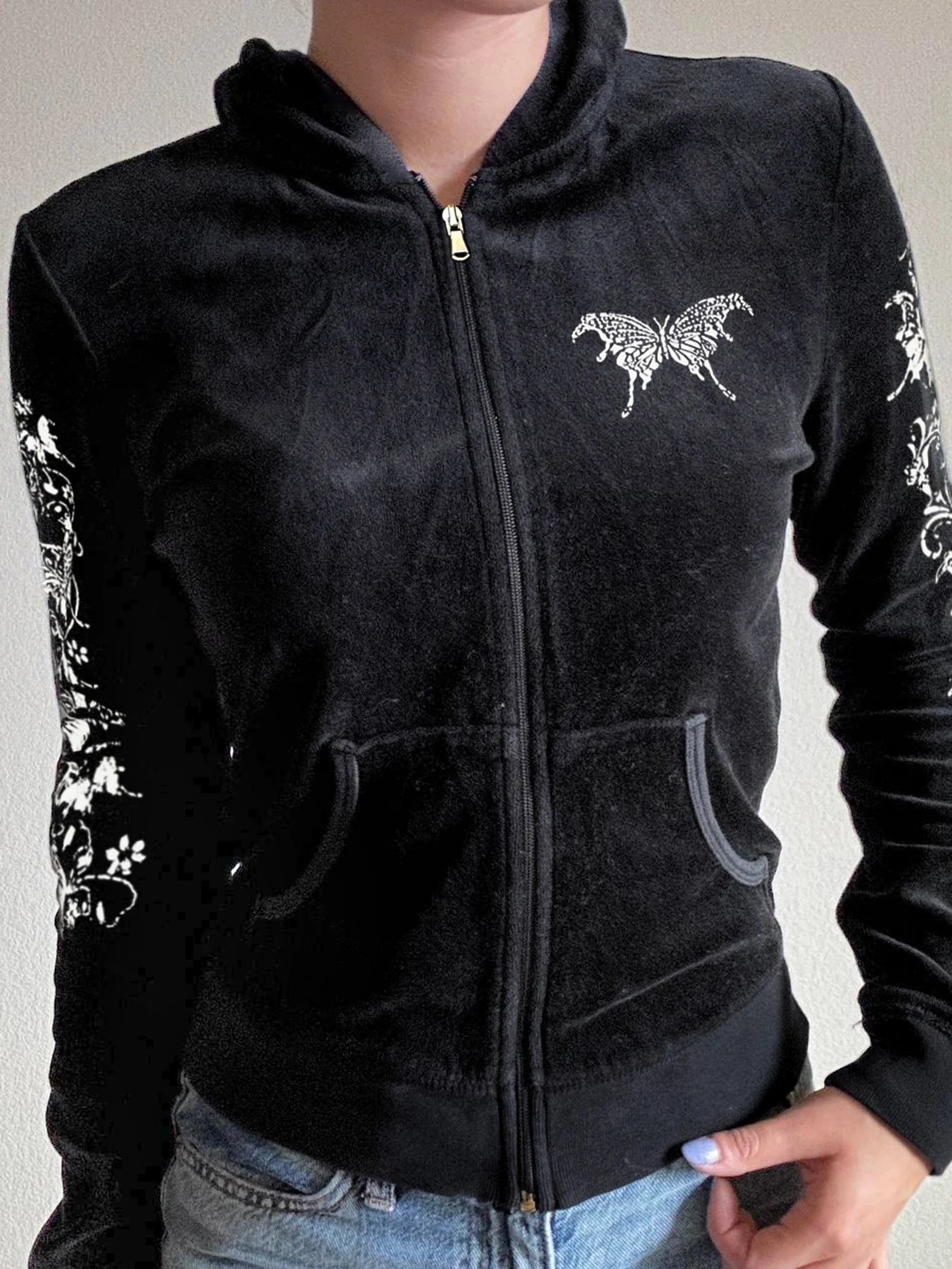 

Rockmore Velvet Butterfly Print Hooded Jacket Women'S Sweatshirts Vintage Pockets Zip Up Hoodies Y2K Aesthetic Casual Slim Tops
