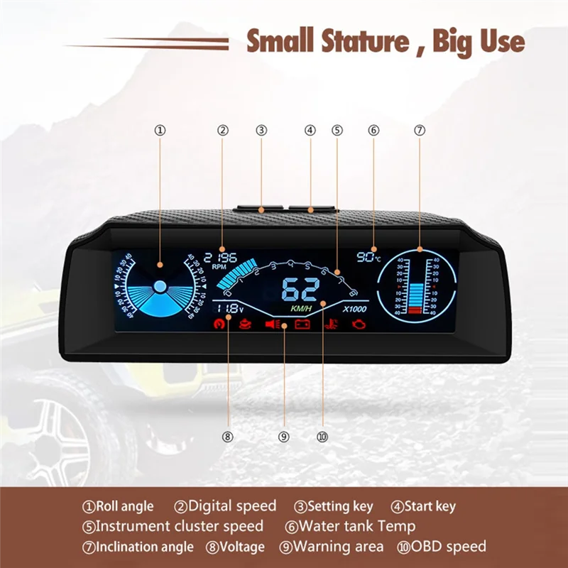 AA-X90 ヘッドアップディスプレイオンボードコンピュータディスプレイ OBD2 車のスピードメーター OBD ゲージ傾斜ピッチ角度分度器ディスプレイ