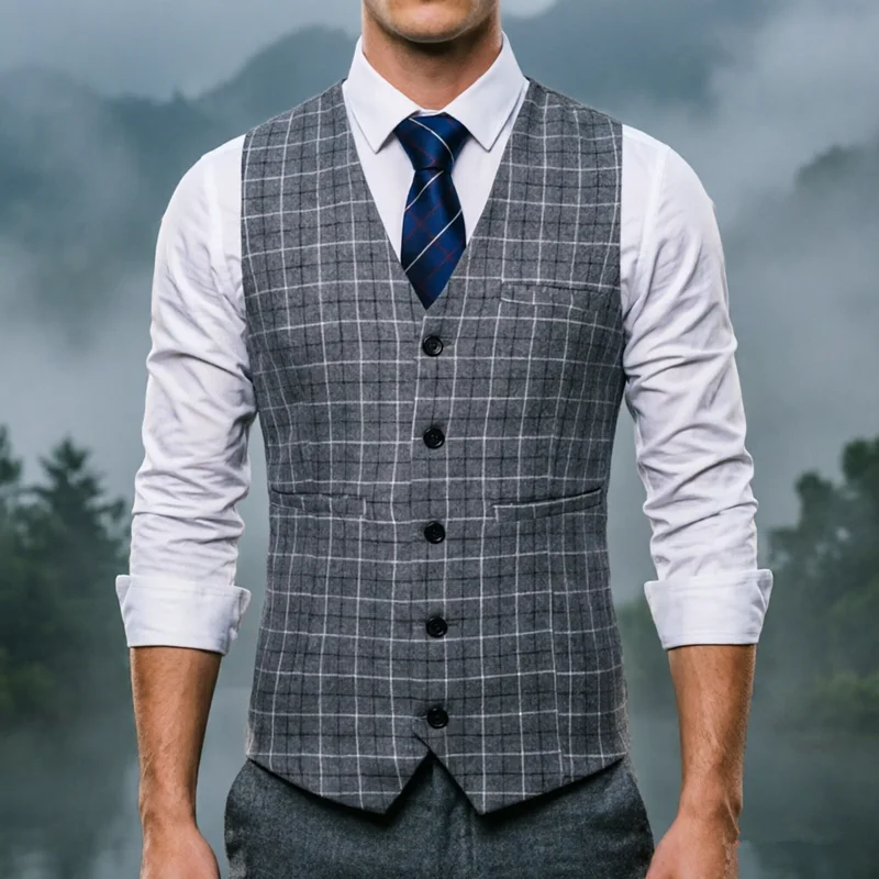 

Men's Gray Plaid Vest - Single Breasted Waistcoat for Business, Wedding, Party, Office Wear
