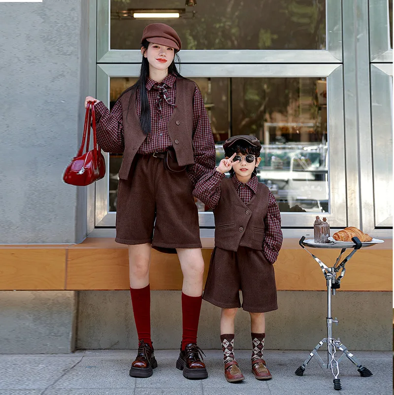 

2025 Autumn Mother & Son Set Preppy Style Plaid Shirt Vest Shorts Outfit Korean Trendy Family Matching Clothes 2-8 Years Suit