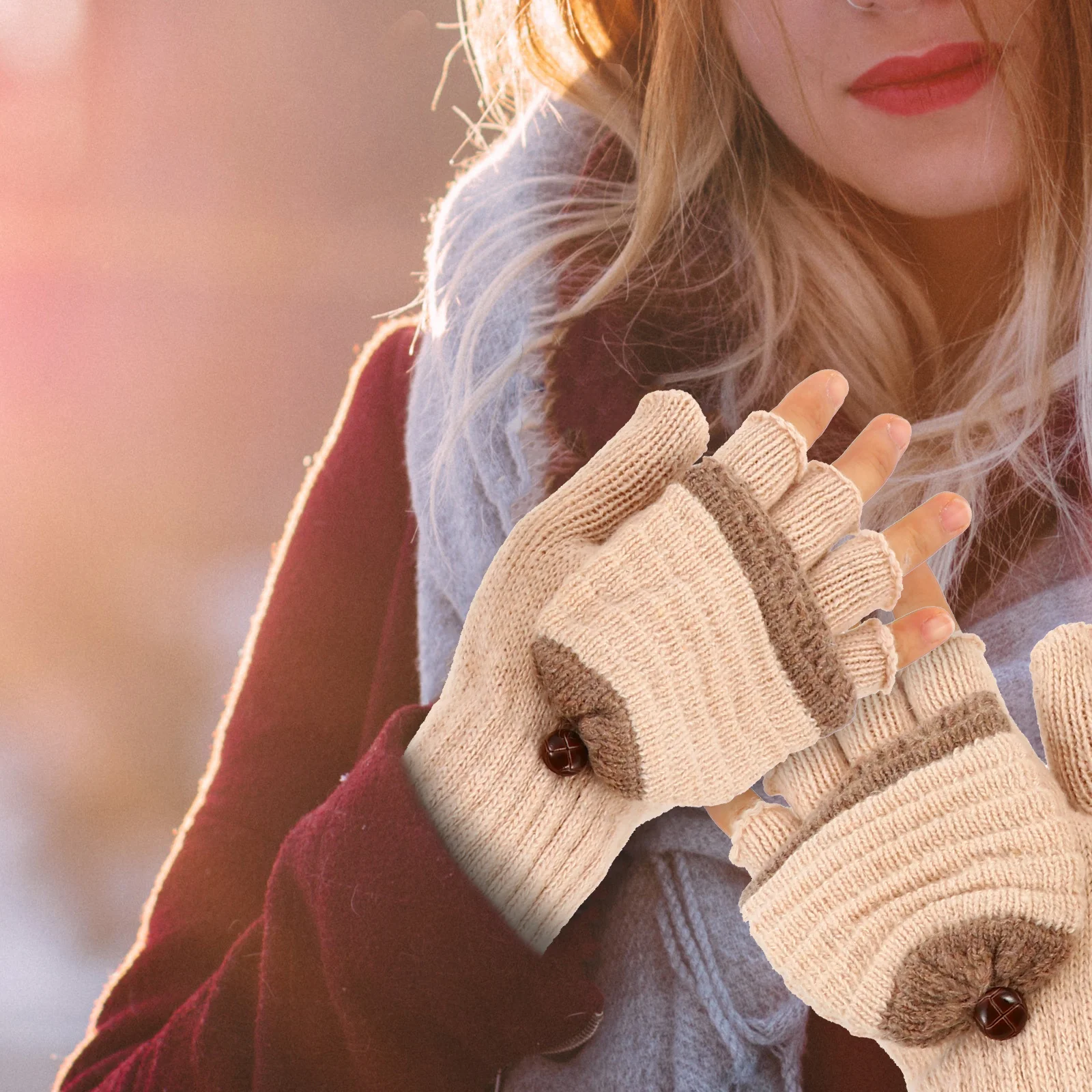 

1Pair Women Gloves Half Finger Convertible Knitted Winter Warm Thermal Clamshell Gloves Warm Hands Warmer Convertible Mittens