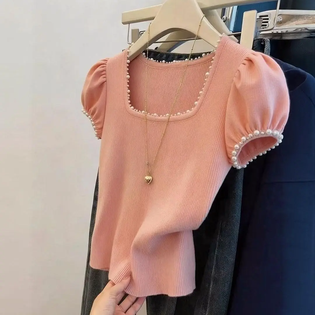 Pearl Trim Square Neck Puff Sleeve Knit Top Women's Summer Elegant Slim Fit Sweet Style Fashion Tee