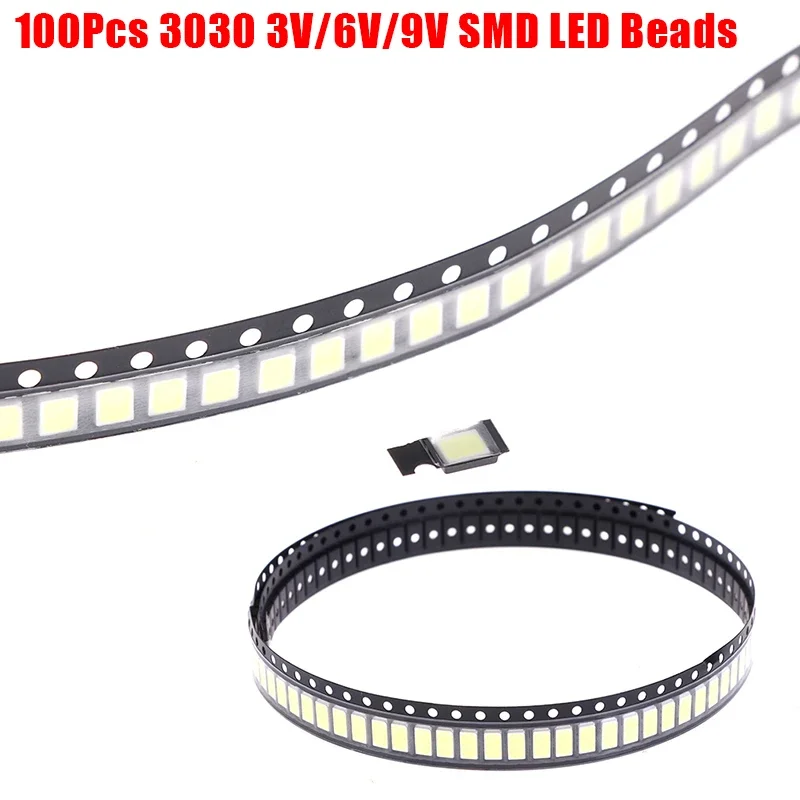 100 Uds 3030 SMD LED cuentas 1W 3V/6V/9V luz blanca fría para TV diodos LED LCD TV cuentas de retroiluminación