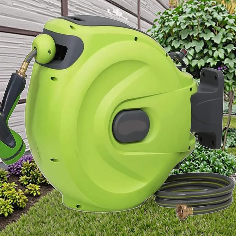 Retractable garden hose reel 1/2 inch 100 feet - wall-mounted lightweight hose reel with 3/4 inch brass fittings and automatic