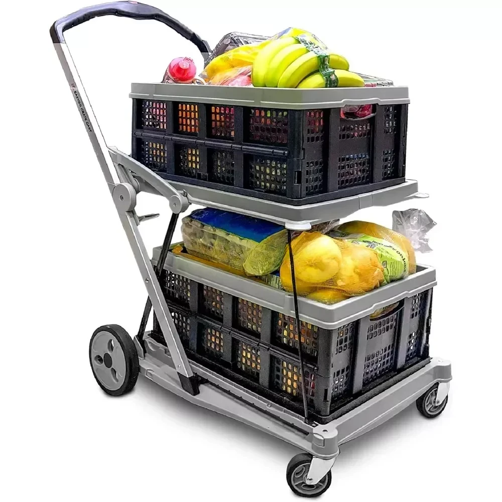 Shopping Cart Folding Utility Trolley with Included 2 Collapsible Storage Crates Folds Flat & Fits in Trunk of Car Great