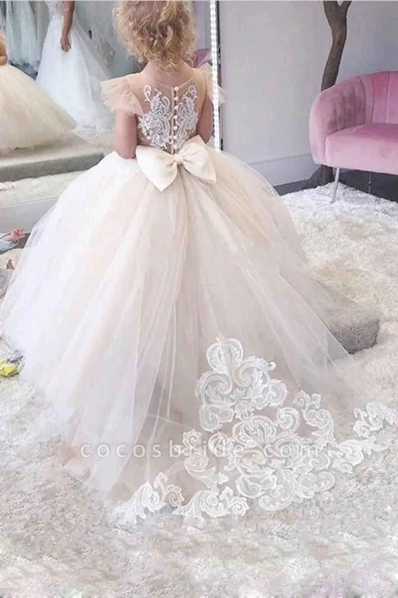 MisShow Wedding Flower Girl Dresses Lace Appliques O-Neck Sleeveless Kids Princess Dress Tulle Button-Back Bow Train Ball Gowns
