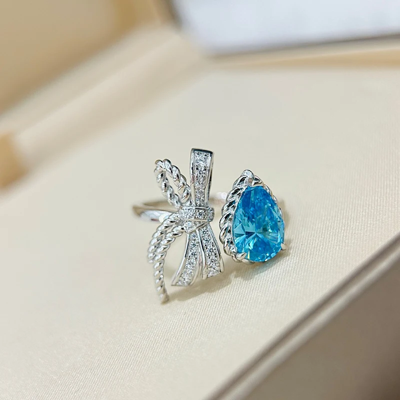 

Top Quality 925 Sterling Silver Wedding Natural Emerald Party Fashion Wild Noble Open Ring Female Blue Silver Ring Jewelry