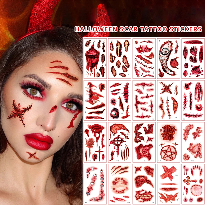 

10Pcs/Set*Halloween Waterproof Temporary Tattoos Sticker Scar Tattoos with Bloody Makeup Wounds Decora Slider DIY Festival Decal