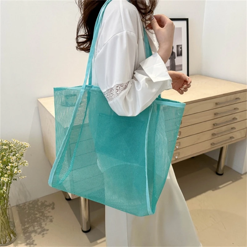 Women Mesh Shoulders Bag Large Capacity Sand Toy Bag Female Handmade Handbag Vacation Bag Fashion Beach Bag for Travel