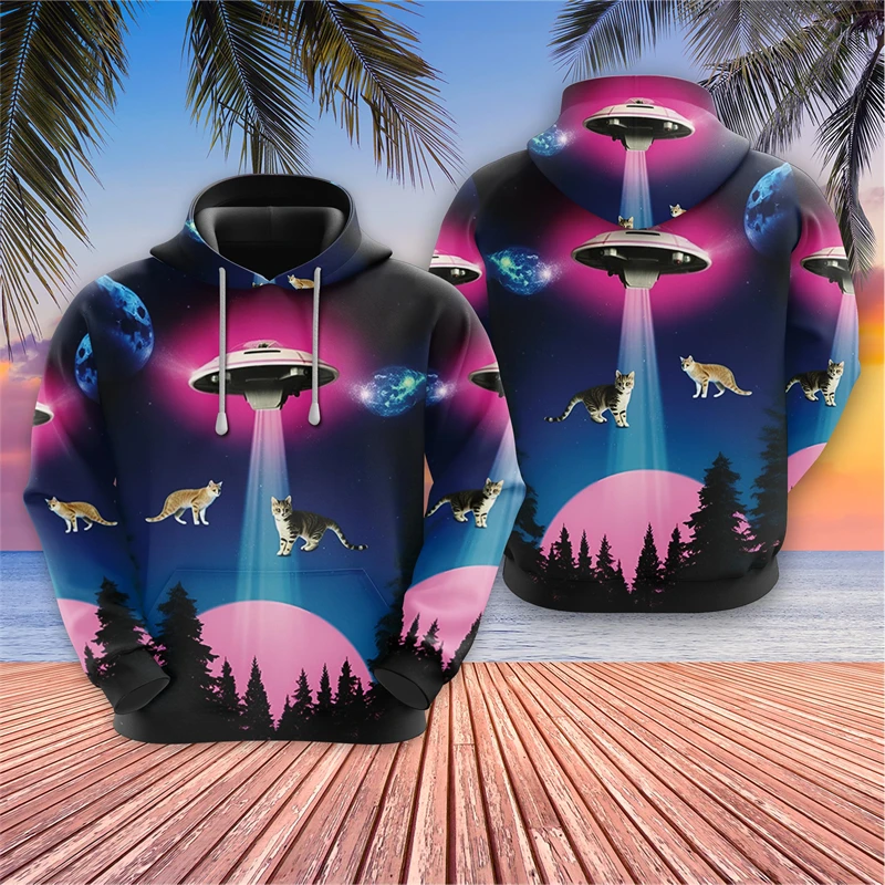 Funny Barbecue Cat Graphic Sweatshirts Galaxy Cats Hoodies For Men Clothes Harajuku Fashion Space Pullovers Cartoon Y2k Tops