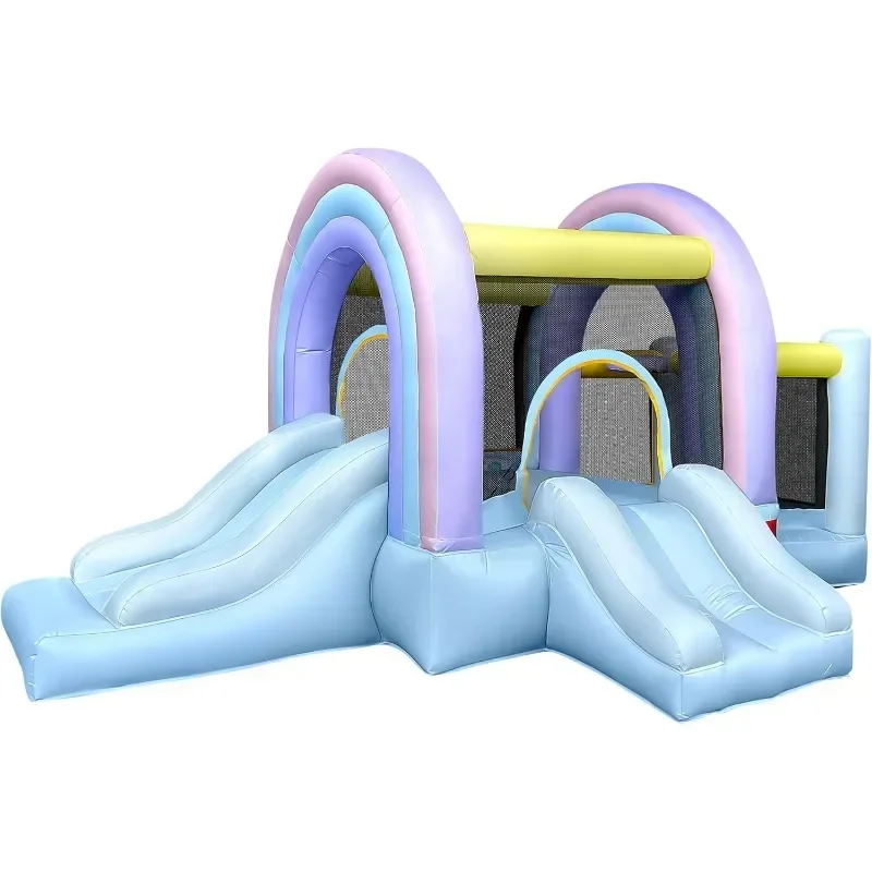 

RETRO JUMP Marshmallow Rainbow Bounce House, Pastel Bouncer with Ball Play Room & Slide Basketball Hoop, 30 Pastel Plastic Balls