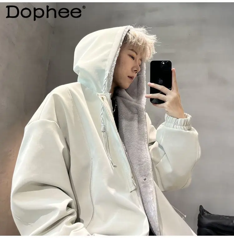 

Winter New Thickened Hooded Jacket Fashion Trend American Style Loose Warm Zipper Cotton Coat for Men