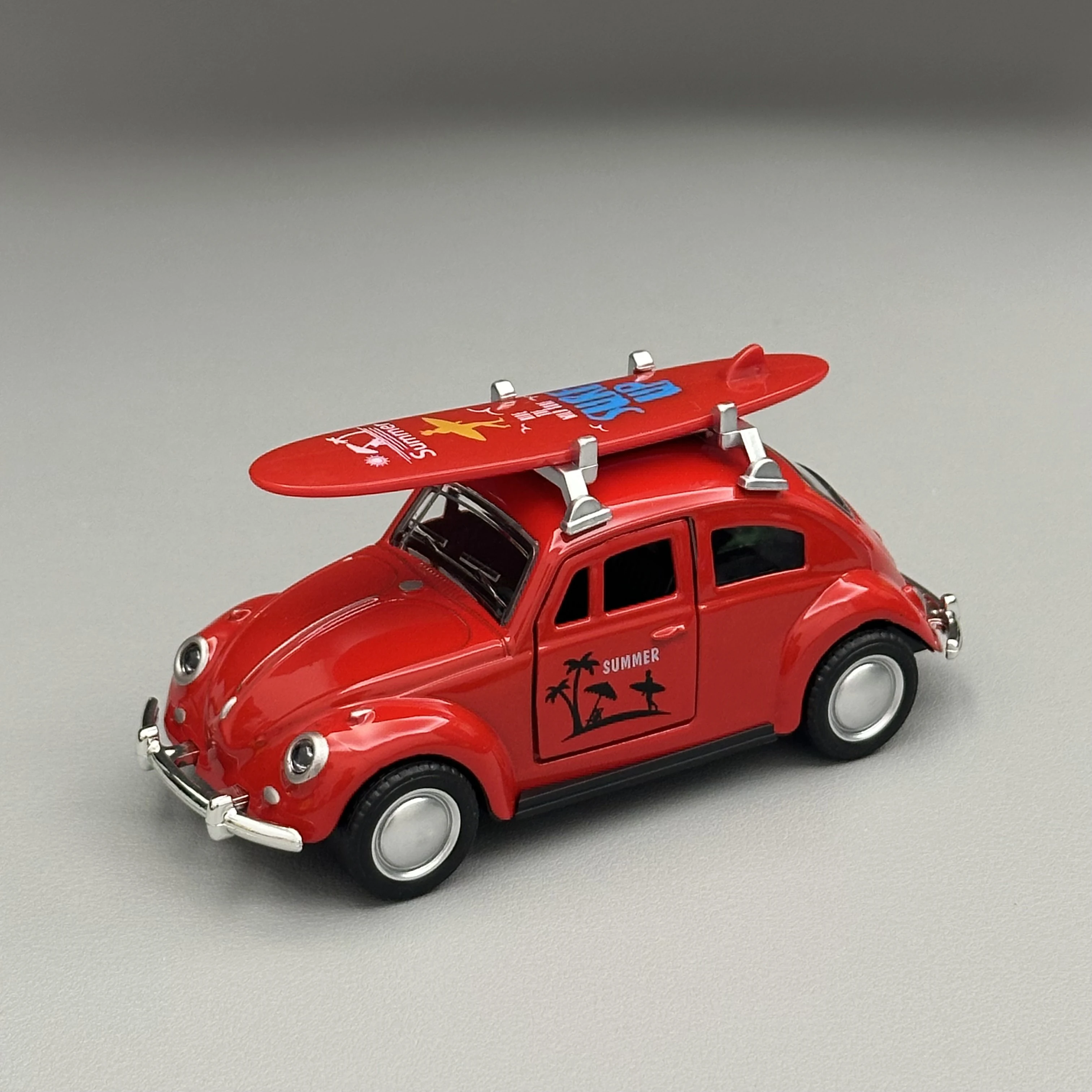 1/36 Scale Diecast Alloy Beetle Model Car Metal Body Pull Back Function Open Doors Removable Surfboard Roof Rack Toy For Kids