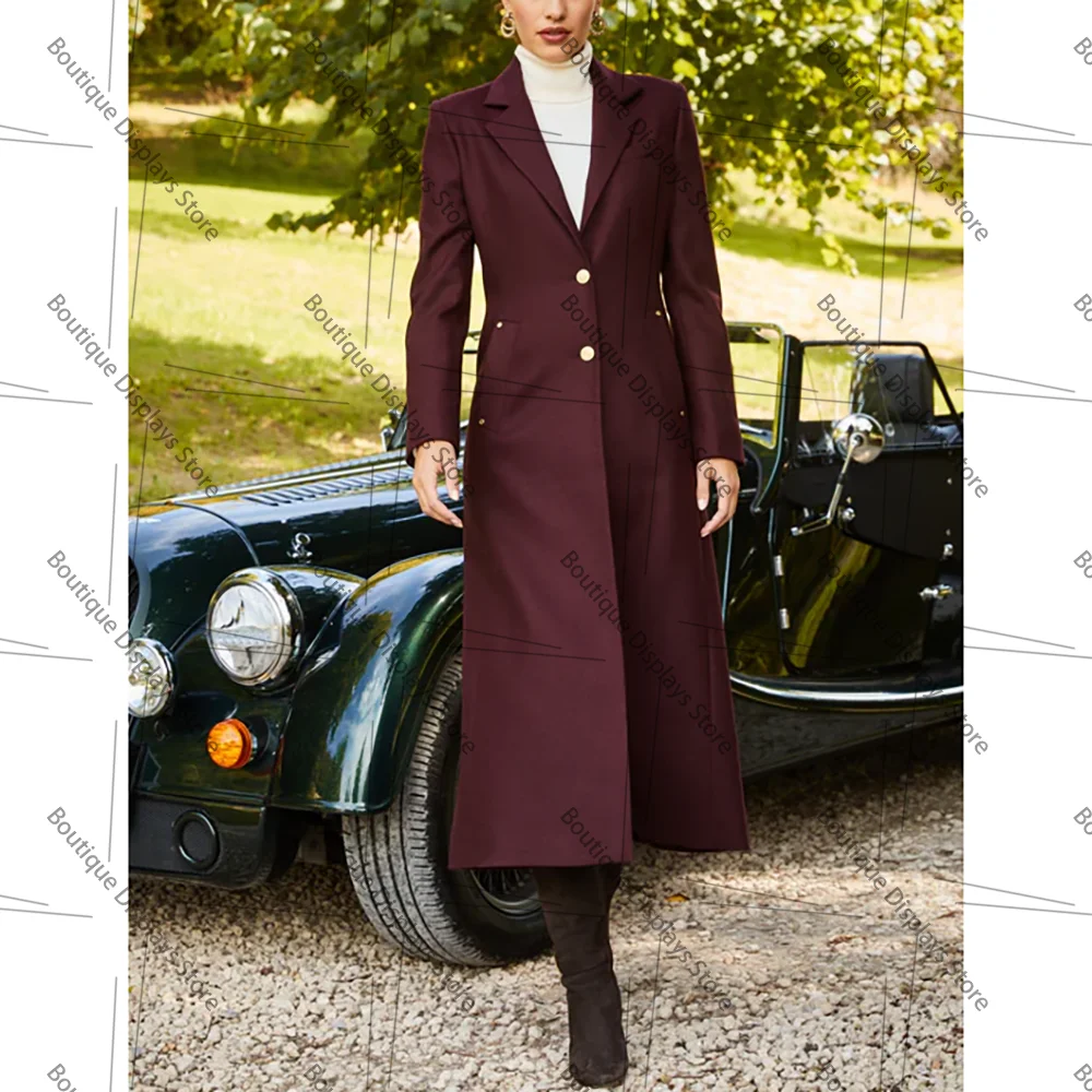 Chic Burgundy Single Breasted Women Long Jacket Female Daily Coat Daily Shopping Blazer