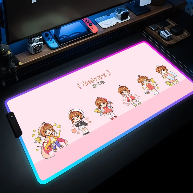 

Mouse Pad LED PC Card Captor Sakura Desk Mat Gamer Office RGB Laptop Anime Girl Keyboard Table Pad Gaming Accessories Mousepad