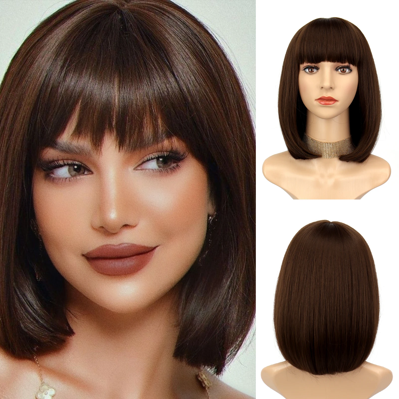 Cabelo curto em linha reta peruca sintética perucas de bob marrom escuro com franja uso diário fibra resistente termicamente cosplay party perucas