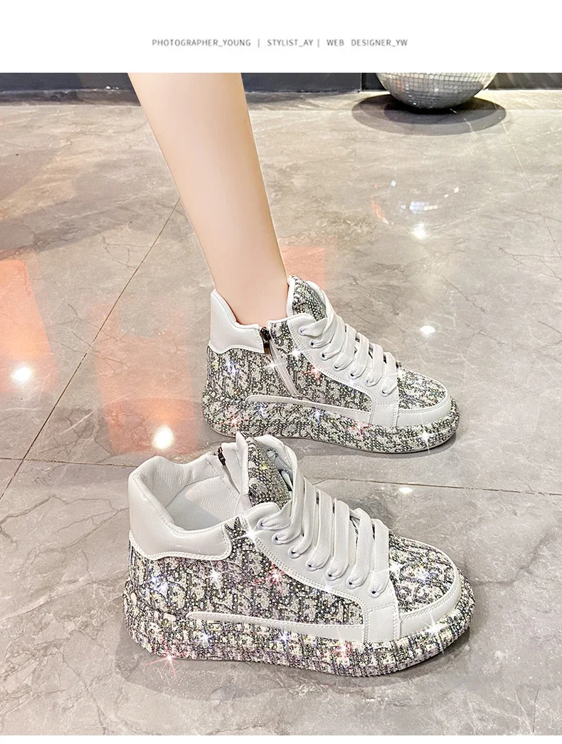 Women's Full Diamond Platform Sneakers Personalized Water Diamond Colored Embroidery Casual Shoes High Top Luxury Sports Shoes
