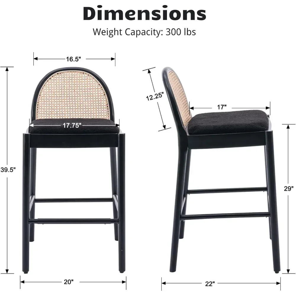 Modern Bar Stools Set com encostos do Rattan, estofado Lambwool Fabric, Cozinha Rattan Stools, pernas de madeira, 26 "Altura do assento, conjunto de 2