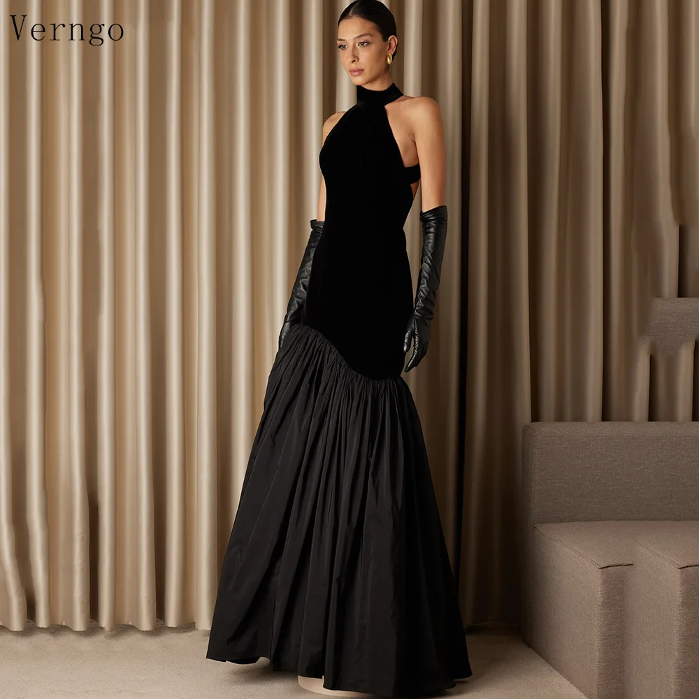 

Verngo Black Velevt Evening Dress Halter Mermaid Long Prom Gowns Women Backless Sexy Elegant Evening Party Dress Customized