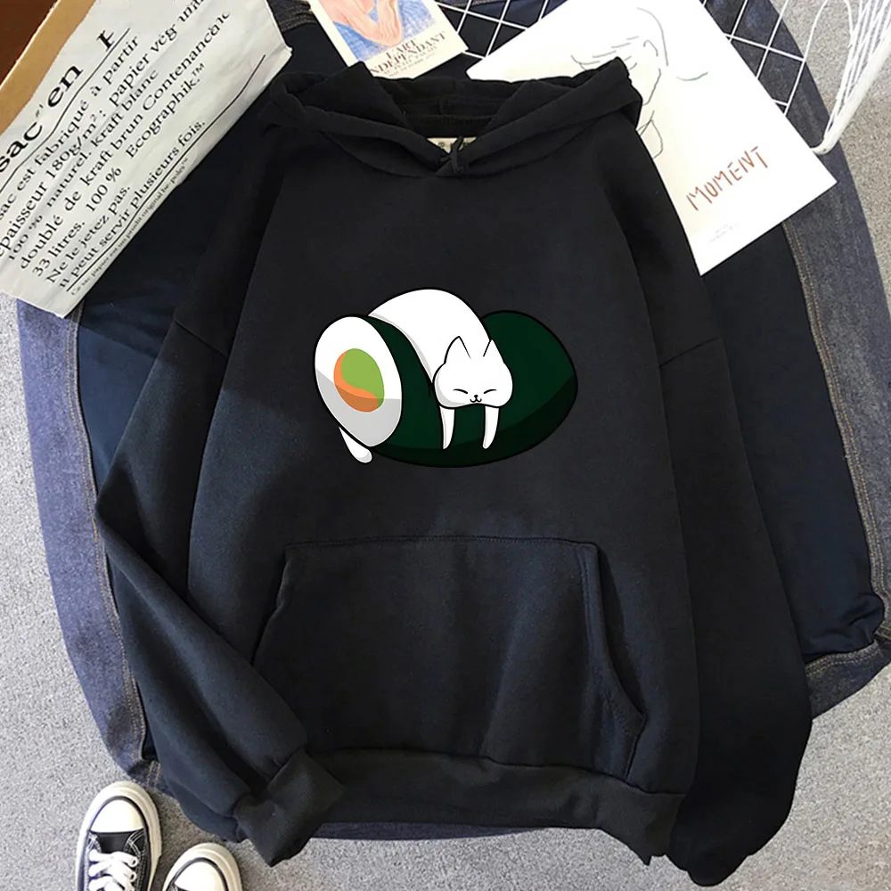 Sudadera con capucha de dibujos animados para hombre y mujer, suéter de manga larga con estampado de gato adorable, Sushi, Kawaii, Harajuku, informal