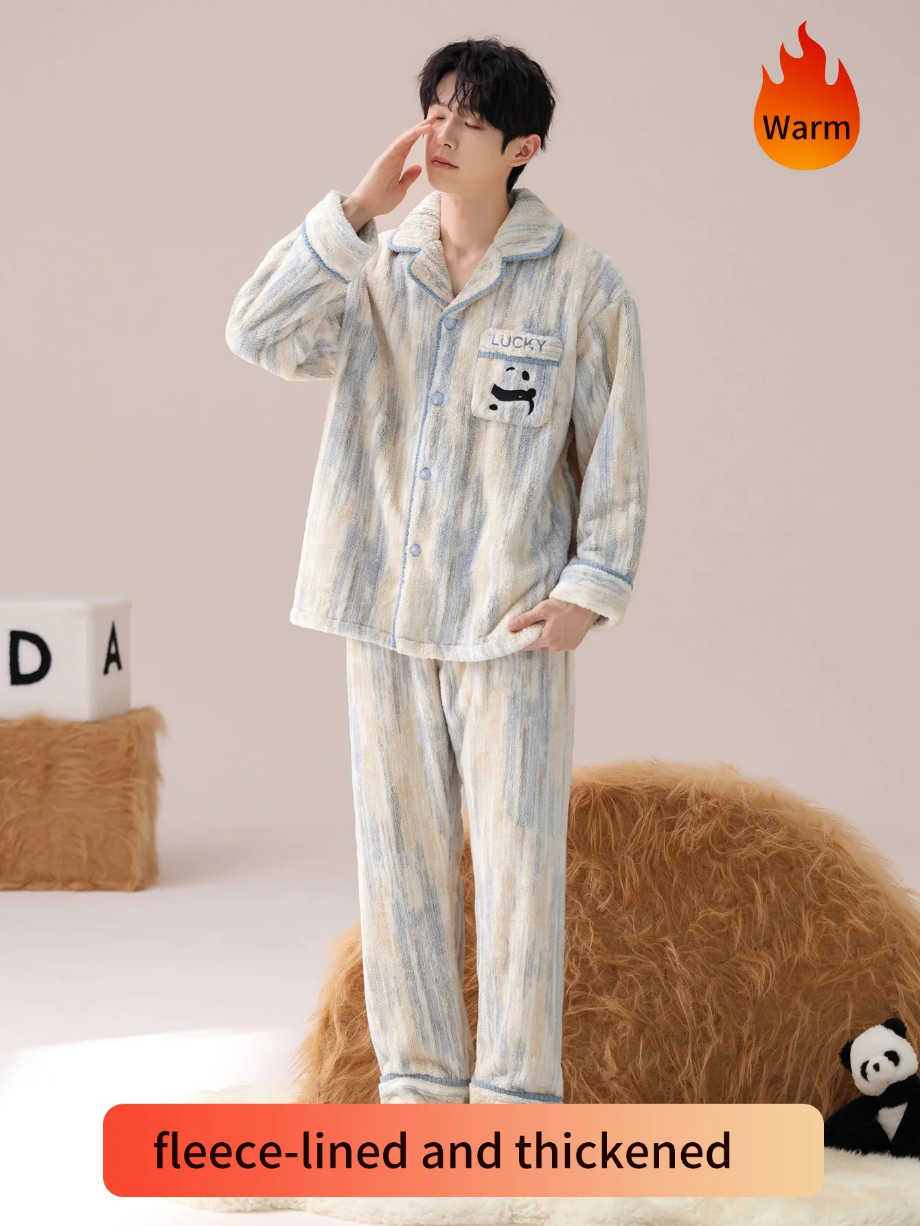 

Men's sleepwear with flannel and thickened warm coral fleece for autumn and winter 2025 new home suit set can be worn externally