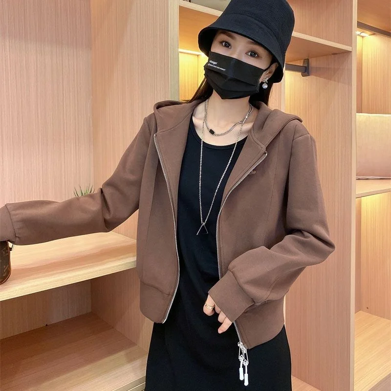 

Hooded Zipper Long Sleeve Sweatshirt Short Cardigan Women's Spring Autumn New Casual Versatile Short Outerwear Top Trendy