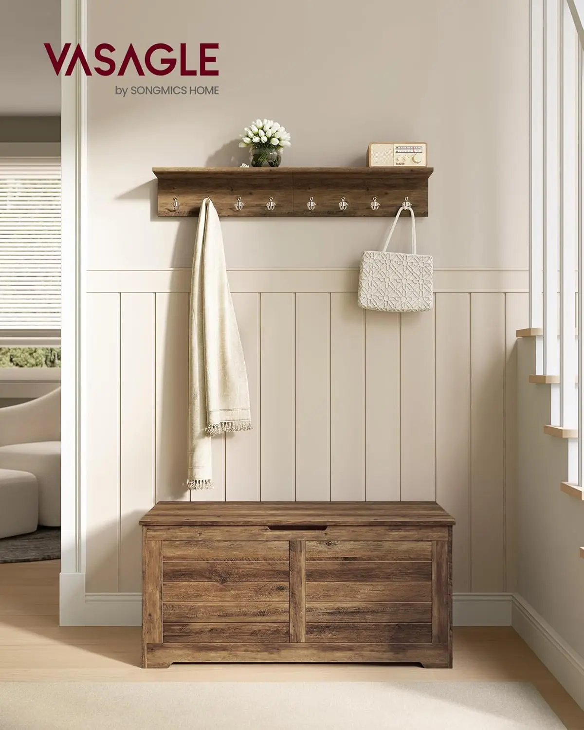 VASAGLE Storage Chest, Storage Bench, Blanket Box with 2 Safety Hinges, Shoe Storage Bench, Rustic Style, 40 x 100 x 46 cm