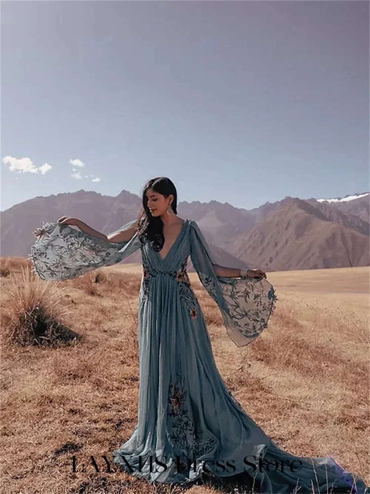 LAYXHS Vestidos de noite elegantes com decote em V, xale, apliques, linha A, pregas, vestidos formais de baile, personalizados