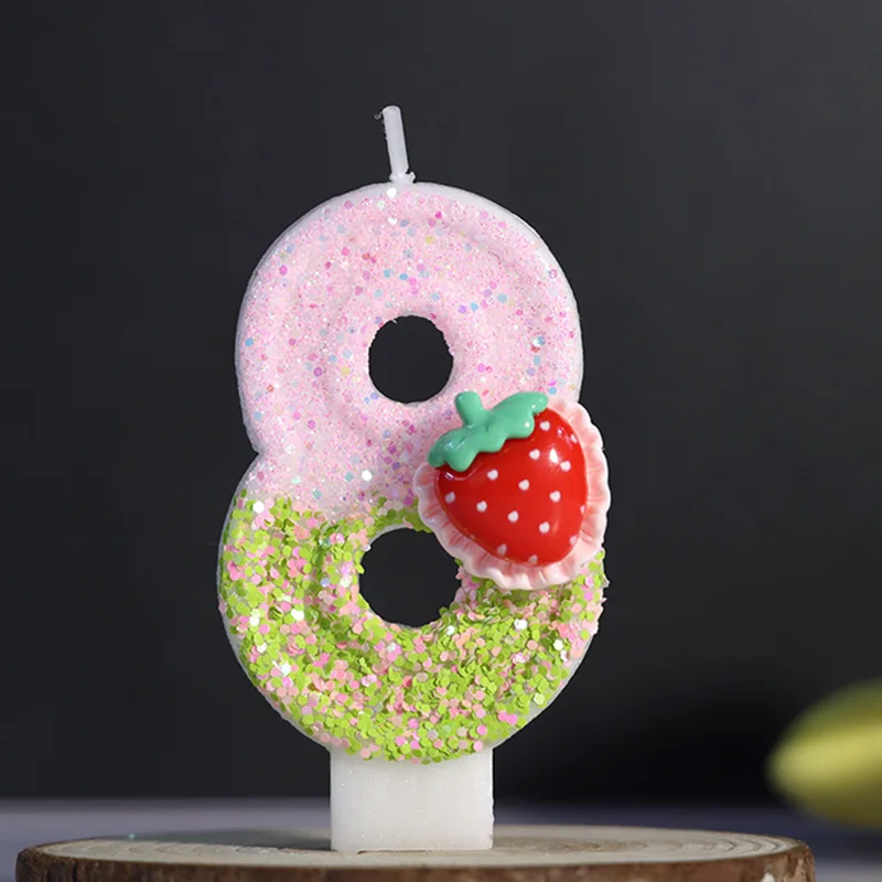 Vela Digital de fresa de dibujos animados, pastel de cumpleaños decorado con velas de cumpleaños con lentejuelas rosas, complemento para pastel de postre para fiesta y Festival