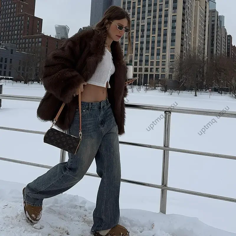 Brown Lapel Collar Warm Winter Cozy Coat Furry Faux Fur Jacket 2024 Fashion Vintage Iconic Vibe Outfit Fluffy Streetwear