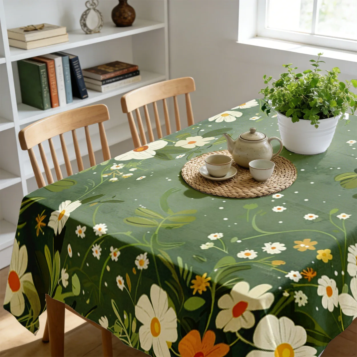 Tablecloth 2D Flat Printing 1pc Fresh Floral Border Green White Yellow Color Durable Easy-Clean for Indoor Outdoor Daily Use and Holiday Party Home Kitchen Decoration