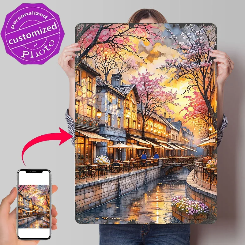 European Canal Town At Sunset 3D Texture Printed Poster Custom Vintage Metal Tin Plate Sign for Wall Art Home Decor Living Room