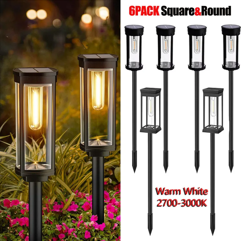 6Pack Retro Solar Pathway Lights Outdoor Waterproof Warm White LED Garden Lawn Stakes for Yard Walkway Landscape Decor Lighting