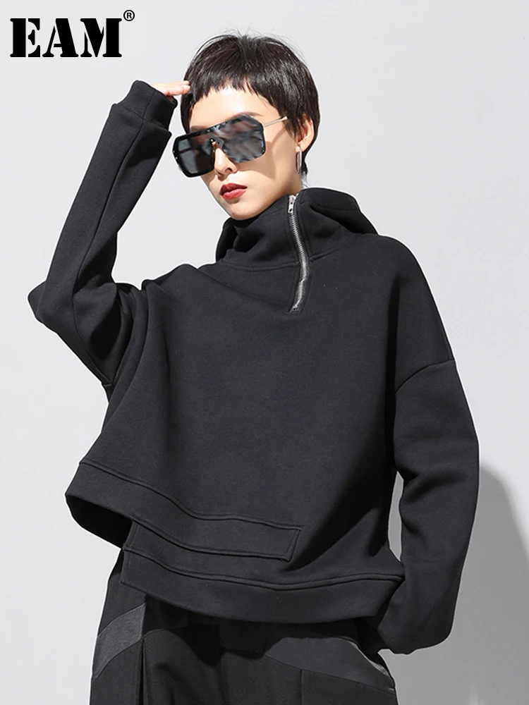 

[EAM] Loose Fit Asymmetrical Big Size Sweatshirt New Hooded Long Sleeve Women Big Size Fashion Tide Spring Autumn 2024 19A-a527