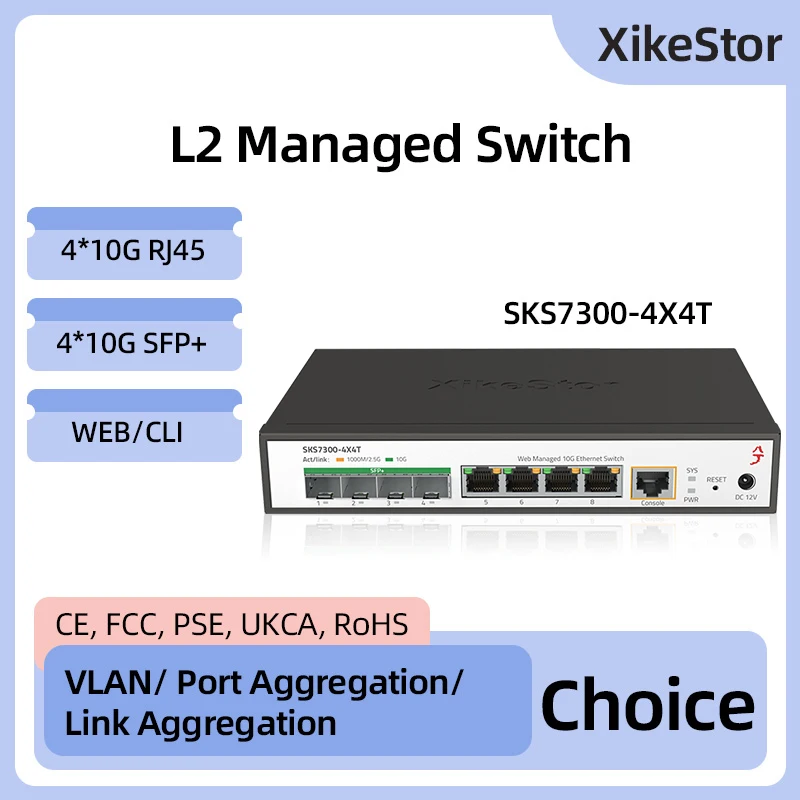 XikeStor All 10G L2 administrado 4 puertos 10G RJ45 4 puertos 10G SFP+ Ethernet WEB/CLI Gestión compatible con agregación de puertos y VLAN