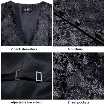 Men's Black Dress Vest Set with Tie Pocket Square Cufflinks - Jacquard Formal Tuxedo Waistcoat Suit Wedding Business Party 5