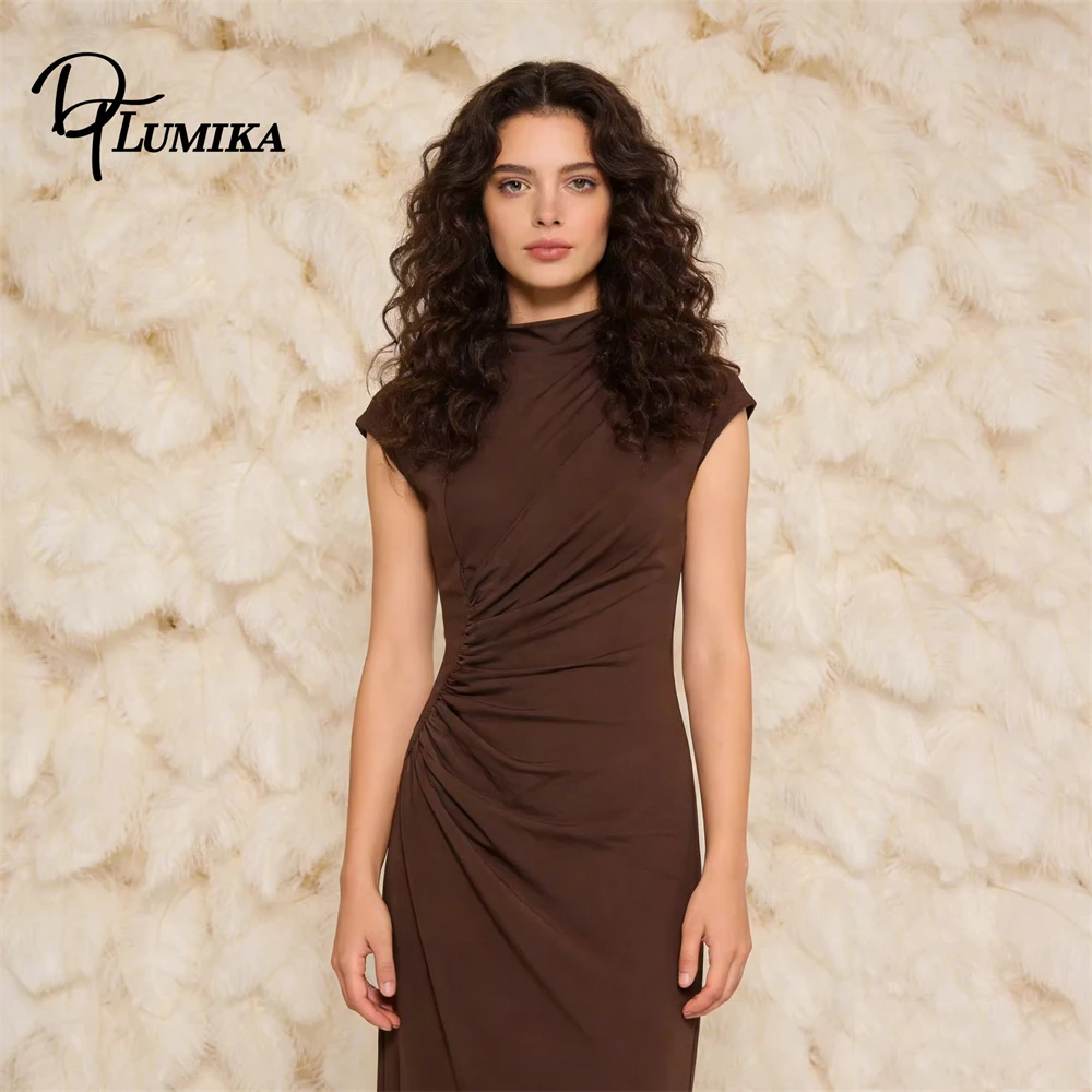 

Mock Neck Midi Dress Sleeveless Ruched Waist Stretchy Fabric Casual Daily Office Cocktail Date Elegant Outfit