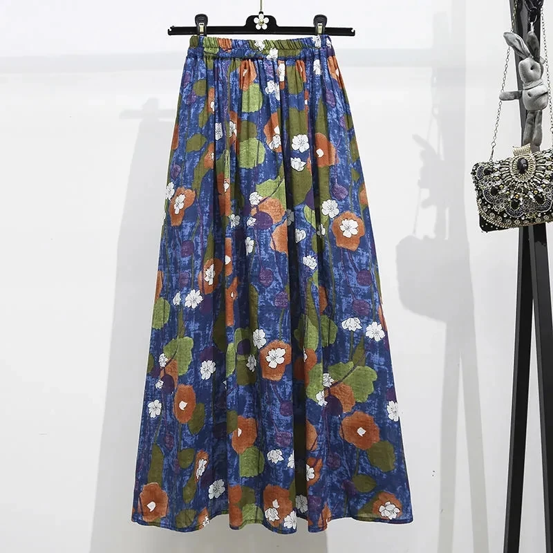 

New Arrivals Summer Casual Pastoral Style Travel Elastic Waist Women Skirt Harajuku Print Kapok Irises Gentle Skirts Female