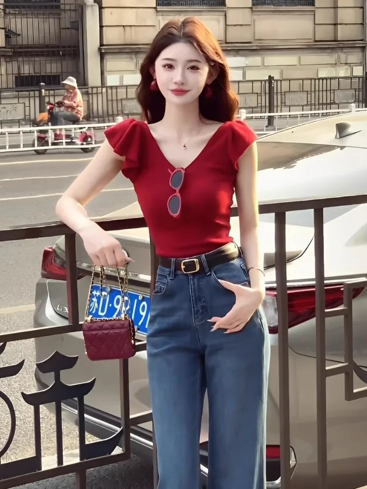 우아한 레드 니트 아이스 실크 여성용 탑 플라잉 슬리브 여름 신상 한국 스타일 슬림 핏 브이넥 반팔