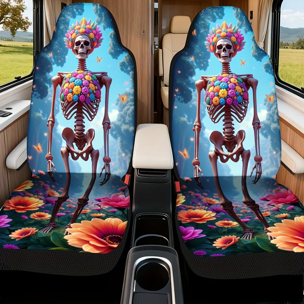 2pcs Floral Skeleton Fantasy Print Car Seat Covers | Durable, Easy To Install, Universal Fit For Front Seats, Polyester, Machine