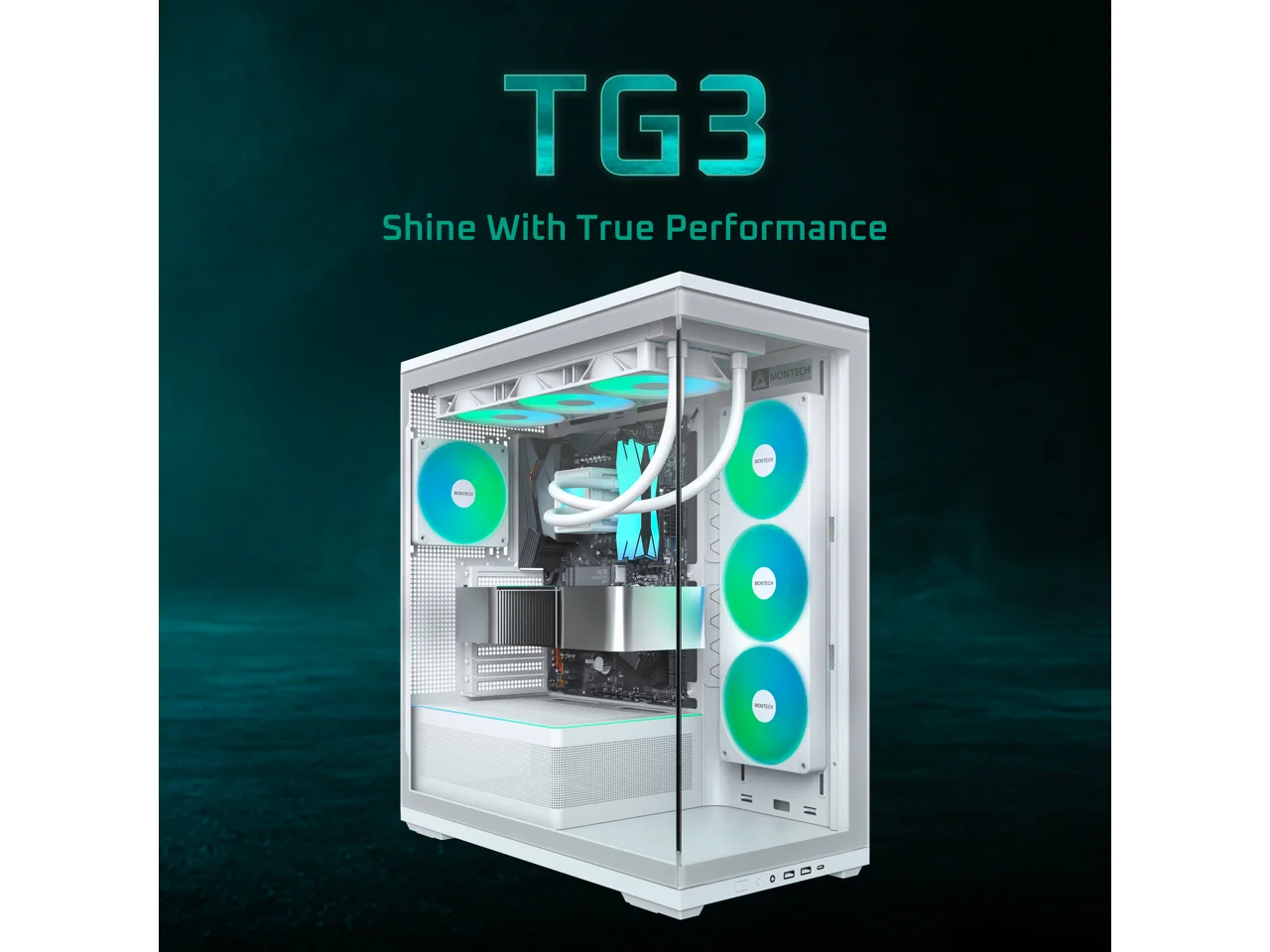 MONTECH TG3 Panoramic ATX Mid-Tower PC Case, Pre-Installed 360mm ARGB Unibody Fans & 1x120mm ARGB Fan, ARGB Strip, Supports 360mm Radiator, RTX 5090 GPUs & Back-Connect Motherboards, White