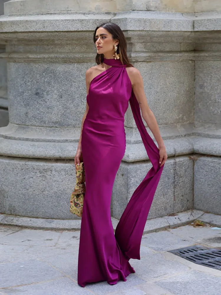 Elegant Women's Ribbon Long Satin Party Dress Halter Backless Sleeveless Female Dresses 2025 Summer Lady Solid Evening Gowns image 3