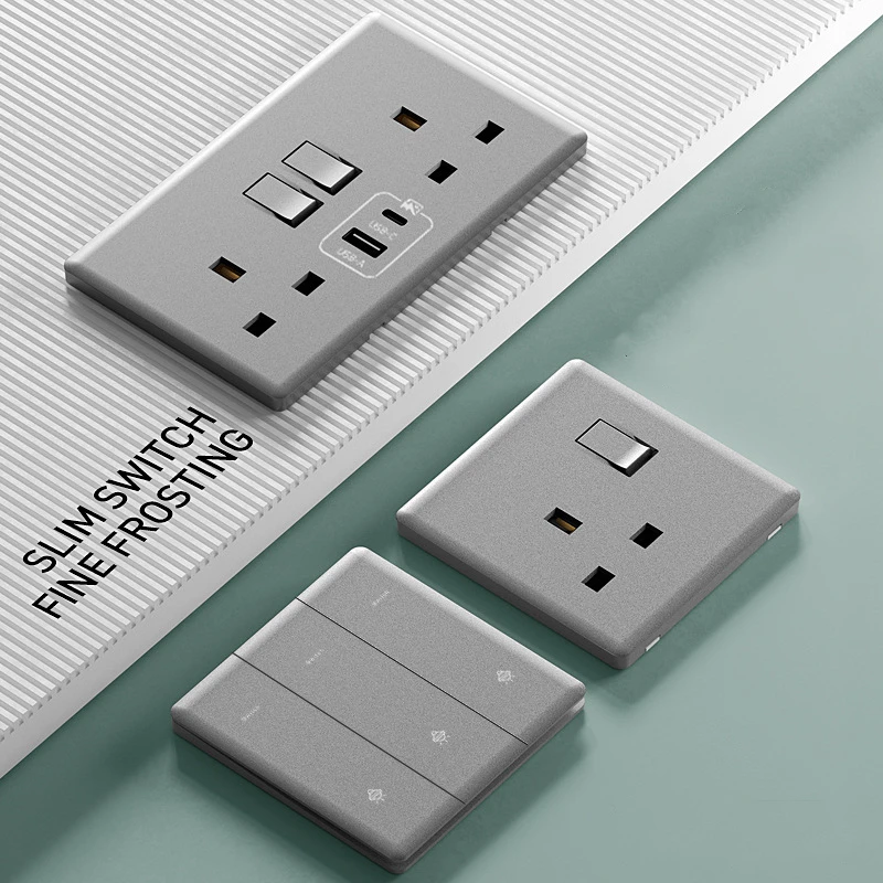 UK standard Fashionable Ultra-thin Grey frosted PC panel switch socket with 3.1A 18W  fast charging Type-C ports