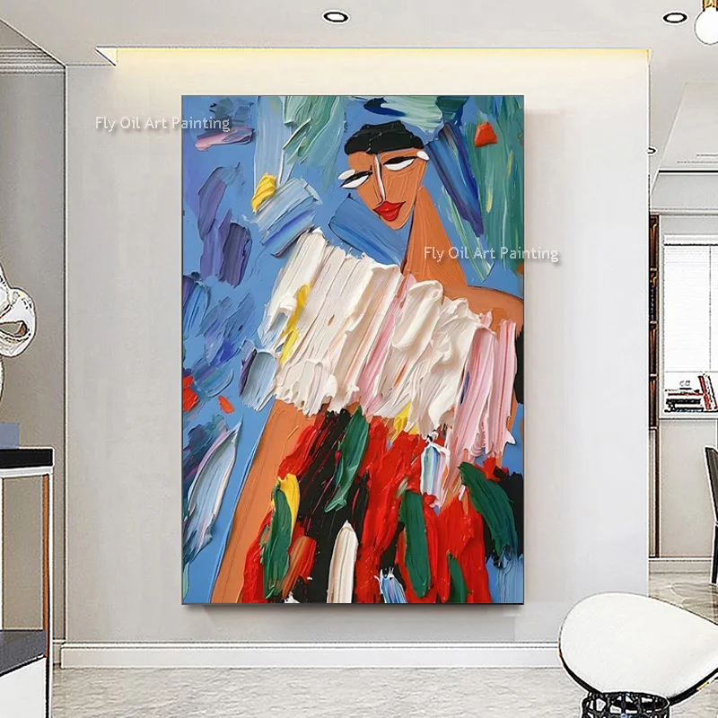 Contemporary Stylized Female Oil Painting Vibrant Blue Background Canvas Wall Art Handmade Textured Artwork