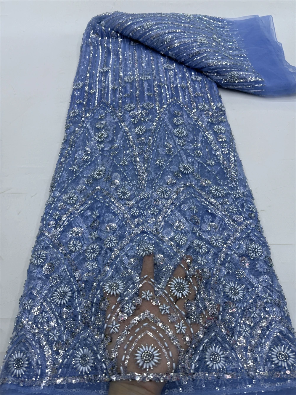 African Nigerian Sequins Embroidery Tulle Lace Fabric, Sewing , Beads Stone Prom Dresses, High Quality, 5Yards, 2024 jy393