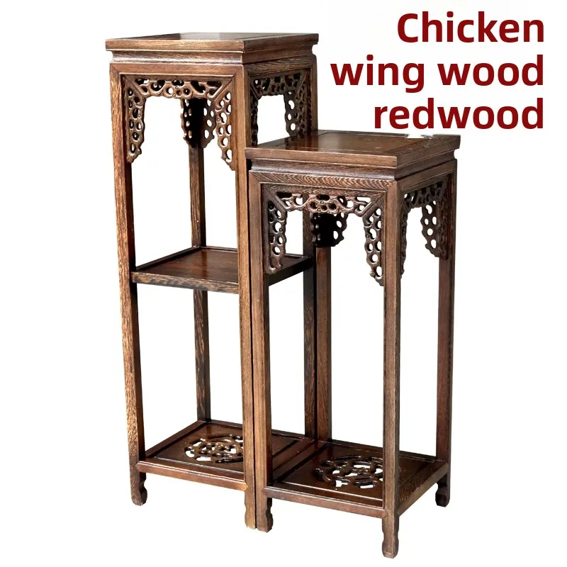 Vintage Carved Redwood Plant Stand, Indoor Mortise and Tenon Frame Base, Classical Flower Table, No-Installation Display Rack