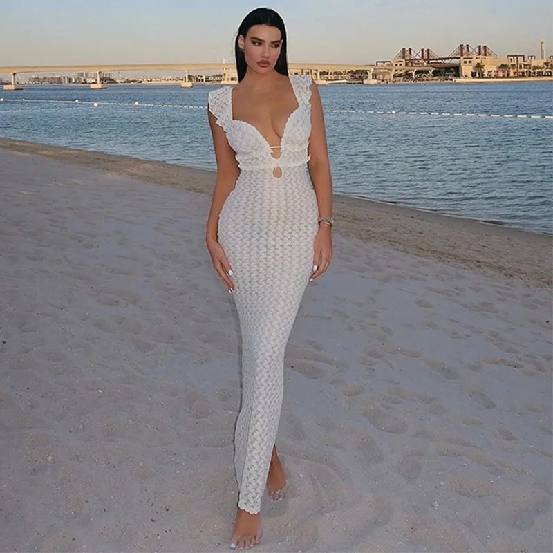 Frauen Elegante Krawatte Detail Sexy Cut Out Rückenfreies Kleid Party Club Outfits Sommer Durchsichtig Ärmelloses Kleid Robe 2025, Neue