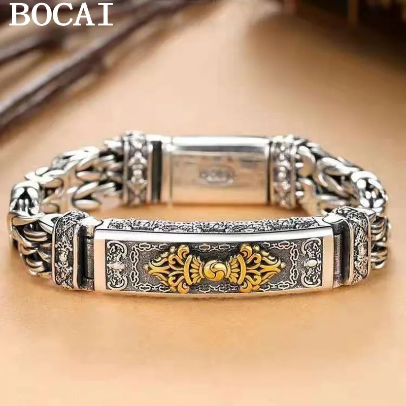 

BOCAI NEW S925 Sterling Silver Retro Domineering Diamond estle Peace Pattern Bracelet