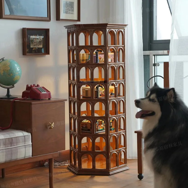 Figure display cabinet Solid wood round arch Four-layer multi-functional display cabinet Display cabinet Vintage wood