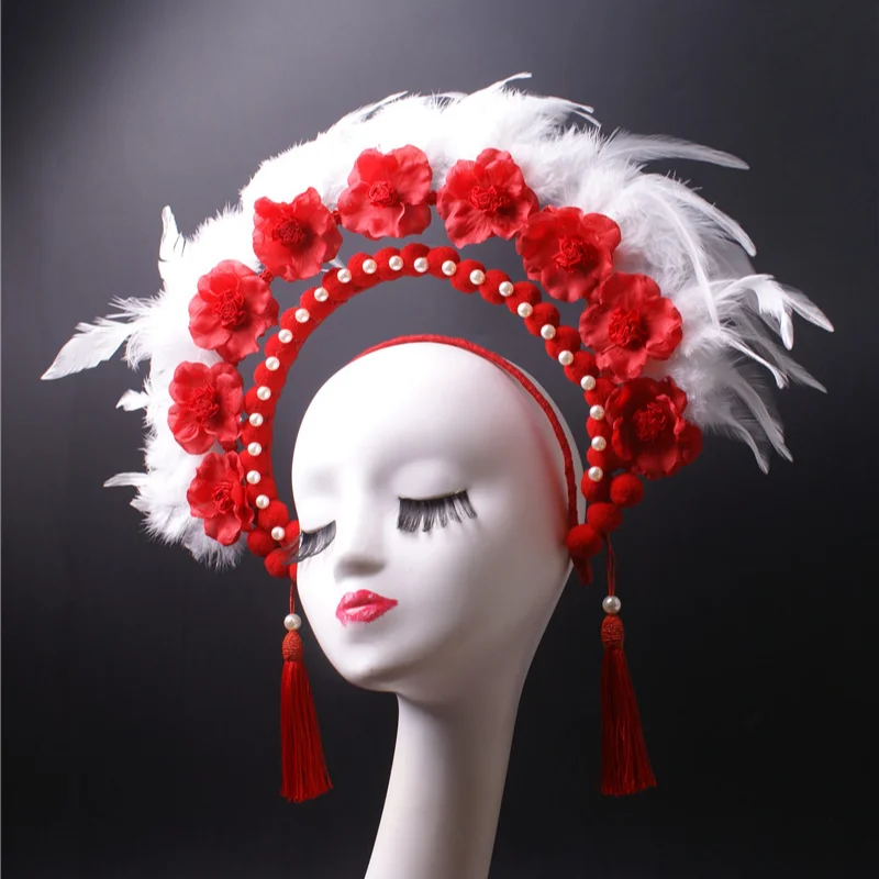 Headdress women's big red flower feather shape with retro suitable  stage performance makeup photography decorative accessories